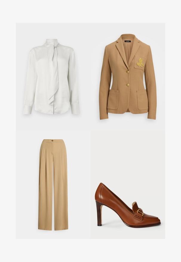 Kamelfarvet blazer med tekstureret stof, skrå lapeler, to guldknapper og et dekorativt guld broderet logo på brystlommen.; Hvid langærmet bluse med høj krave og en foran knyttet tørklæde-detail, fremstillet af et glat satinlignende stof.; Beige bukser med vide ben lavet af glat stof. Har knaplukning, plisseringer foran og en afslappet pasform med en lige silhuet.; Brun læder højhælede sko med spids tå, der har et dekorativt bånd og guldfarvet metaldele langs vamps. Glat tekstur.
