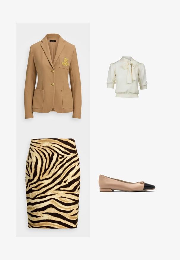 Blazer color camel con tejido texturizado, solapas de pico, dos botones dorados y un logo decorativo bordado en dorado en el bolsillo del pecho.; Suéter blanco de punto con mangas cortas abullonadas, corte holgado y detalle de lazo en el cuello. Tejido texturizado con puños y dobladillo acanalados.; Falda de estampado de cebra con una superficie texturizada que presenta franjas marrones y beige alternadas. Diseño ajustado que llega por encima de la rodilla.; Bailarina de cuero beige con puntera negra y pequeño lazo en la parte delantera, con un tacón bajo para mayor comodidad.