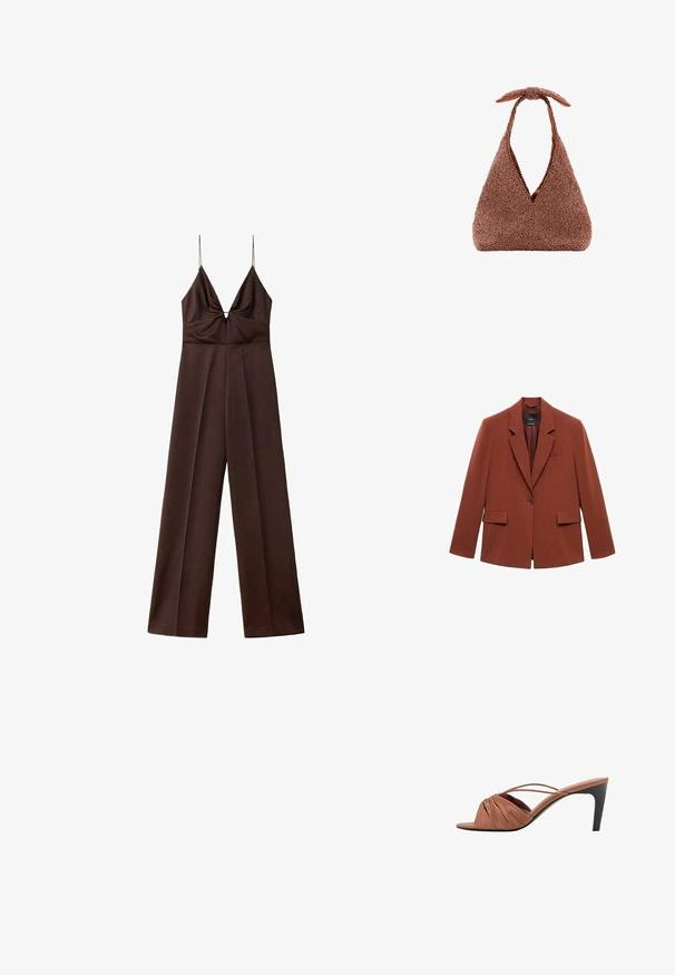 Rustfarvet blazer med spidse klapper, enkeltknaplukning, to forlommer og en glat tekstur. Ingen synlige mønstre eller accenter.; Mørkebrunt jumpsuit med vide ben, tynde spaghetti-stropper og en dyb V-halsudskæring med rynkede detaljer ved brystet.; Brune åbne mules med rynket design, tynde krydsede stropper og en slank sort stiletthæl. Glat tekstur over det hele.; Brun tekstureret trekantet håndtaske med dyb V-åbning og et kort håndtag, der er bundet øverst, sat mod en ensfarvet hvid baggrund.