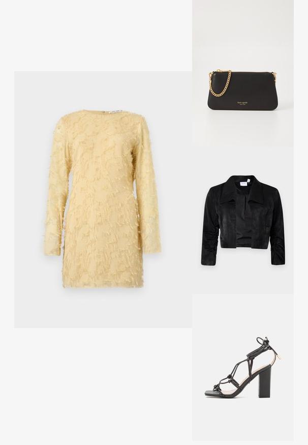 Veste noire cropped en tissu doux, avec un grand col, des manches longues avec des accents froncés et une fermeture frontale sans boutons.; Robe jaune à manches longues, tissu texturé avec des détails effilochés partout. Encolure ronde avec une fermeture éclair au dos.; DeeZee Sandales à talons hauts - black; Pochette en cuir noir avec une chaîne en or. Dotée d'une fermeture éclair et d'un nom de marque embossé en or sur le devant. Texture lisse, forme rectangulaire.