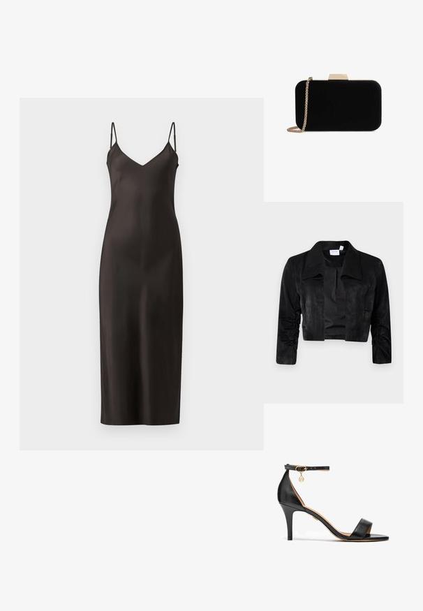 Veste noire cropped en tissu doux, avec un grand col, des manches longues avec des accents froncés et une fermeture frontale sans boutons.; Robe longue en satin noir avec des bretelles fines et ajustables, décolleté en V et une silhouette droite. Texture lisse et design minimaliste.; Sandale à talon haut en cuir noir avec une seule sangle sur les orteils, sangle à la cheville, accessoires en or et un talon stiletto élancé.; Pochette en velours noir avec quincaillerie dorée, de forme rectangulaire, et une bandoulière en chaîne, présentant une texture lisse et sans motifs visibles.