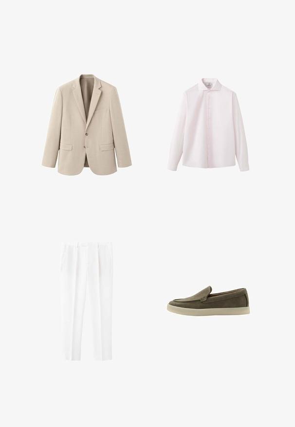 Veste de blazer beige pour homme avec deux boutons, revers cranté, poche poitrine et deux poches à rabat sur le devant, présentée sur fond blanc.; Chemise rose clair à manches longues avec boutons, col pointu et poignets standards, présentée sur un fond blanc uni.; Pantalon blanc sur mesure avec plis à l'avant et poches latérales, conçu pour une coupe droite et ajustée.; Mocassin à enfiler en daim marron avec semelle en caoutchouc beige, bout arrondi et petit talon, présenté de profil sur fond blanc.