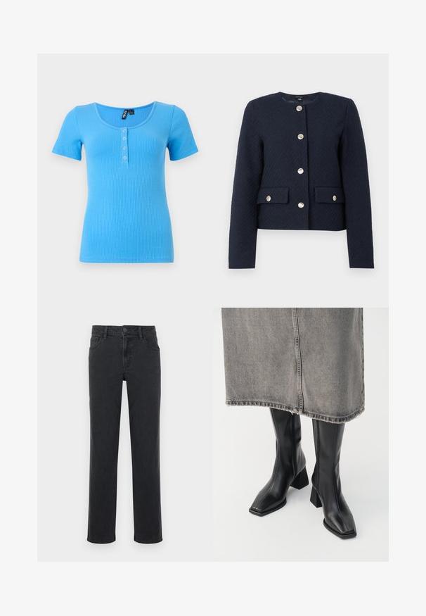 Diepblauwe textuurjas met ronde hals, lange mouwen, vier zilveren knopen aan de voorkant en twee klepzakken met knoopsluitingen.; Geribbelde, kortarmige t-shirt in een levendige blauwe kleur. Heeft een ronde halslijn en een drieknoopsluiting aan de voorkant. Zacht, rekbaar materiaal.; Zwarte spijkerbroek met een rechte pijp, vijf zakken en een knoopsluiting. De stof heeft een subtiele textuur en kleurvariatie.; Zwarte laarzen tot de knie van soepel leer met een vierkante neus en blokhak. Draag ze met een grijze denim rok met een rafelige zoom.