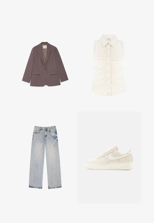 Brun blazer med enkelt knap, med hakkede revers og klaplommer, vist fladt med synligt inderfor og mærkeetiket.; Ærmeløs hvid skjorte med knapper, spids krave og rynkede detaljer foran.; Lysblå denimjeans med lige ben-design, der har slidte detaljer, fem lommer og synlige sømdetaljer.; Beige Nike Air Force 1 sneaker i lav model med snørelukning og gummisål, vist fra ydersiden på en hvid baggrund.