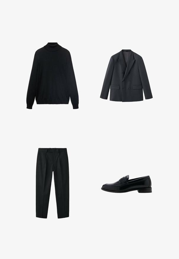 Mørk marineblå dobbeltbrystet blazer med hakkede revers, to forlommer og seks sorte knapper. Lavet af glat stof, skræddersyet pasform.; Sort turtleneck sweater med en tætsiddende krave, lange ærmer og ribbede manchetter og kant. Lavet af blødt, strækbart stof med en glat tekstur.; Sorte skræddersyede bukser med knap- og lynlås lukning, sidelommer, bæltestropper og forreste folder.; Sort læderloafer med lav hæl, rundet tå og en klassisk penny-stropdetalje på vampen.