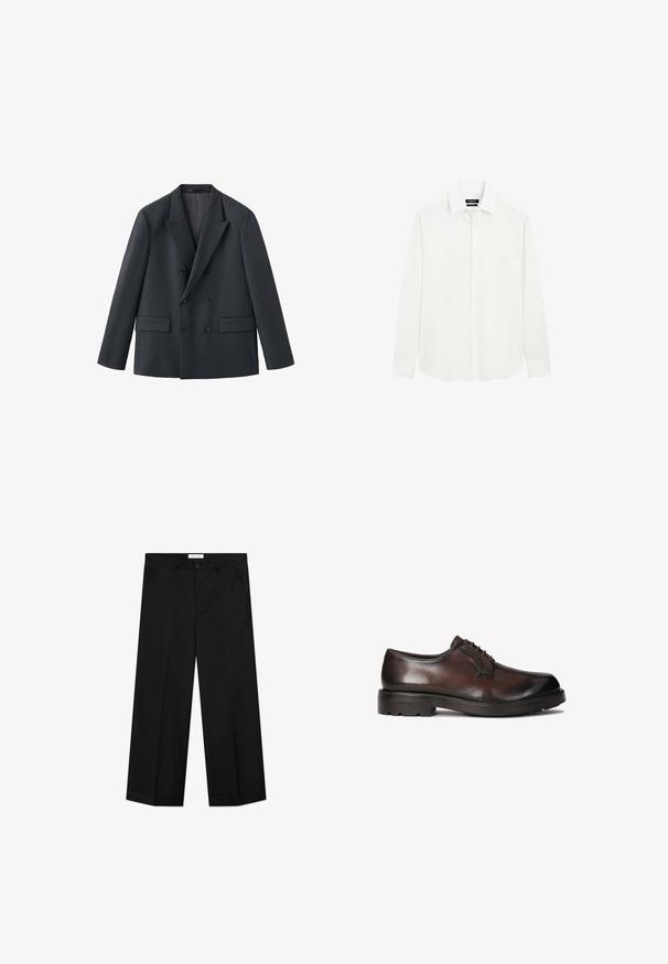 Blazer croisé bleu marine foncé avec revers crantés, deux poches avant et six boutons noirs. Confectionné en tissu lisse, coupe ajustée.; Chemise blanche à manches longues boutonnée avec col classique et poignets, design uni, présentée sur fond blanc.; Pantalon noir à jambes larges en tissu lisse, doté de poches avant, d'une fermeture par bouton et d'un pli marqué sur chaque jambe.; Chaussure habillée en cuir marron, à la finition lisse, au bout rond et au laçage. Équipée d'une semelle en caoutchouc noir robuste avec une bonne traction.