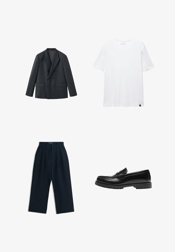 Blazer croisé bleu marine foncé avec revers crantés, deux poches avant et six boutons noirs. Confectionné en tissu lisse, coupe ajustée.; T-shirt blanc à manches courtes coupe droite avec encolure ronde et petite étiquette en tissu noire en bas de l'ourlet.; Pantalons large en marine avec plis, poches latérales, passants de ceinture, fermeture à bouton et zip, posés à plat sur fond blanc.; Mocassin en cuir noir avec une semelle en caoutchouc épaisse et un détail classique de bride à monnaie, vu de côté extérieur.