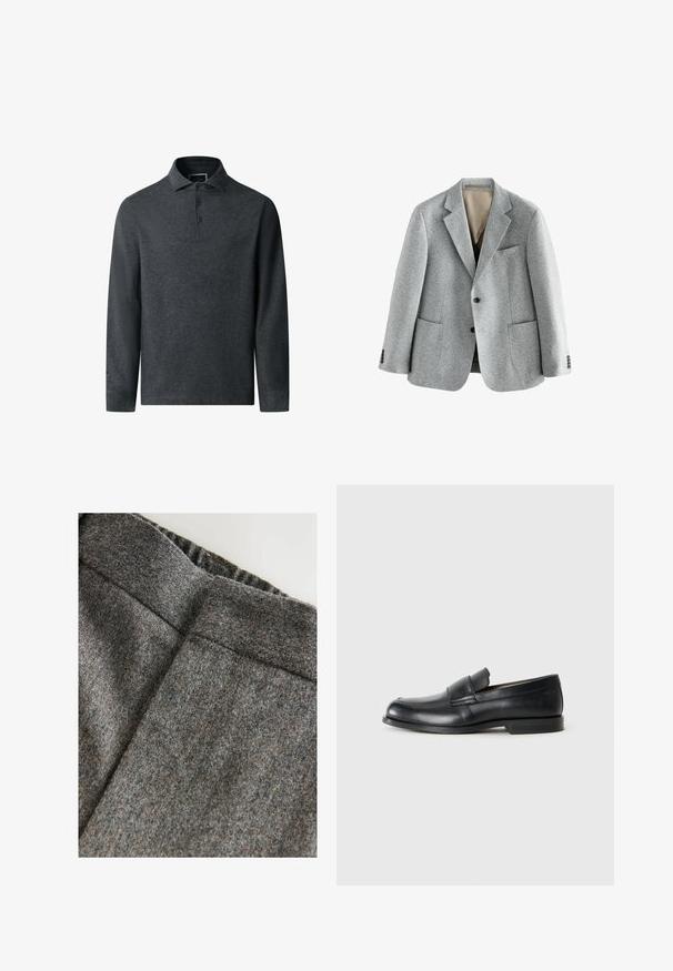 Grå uldblazer med klapkraver, to frontlommer og to knapper. Indersiden er beige. Teksturstof med klassisk snit.; Mørkegrå langærmet polo skjorte med struktureret stof, krave og tre-knaps placket. Har en lige kant og diskret syning.; Grå uldblandingsbukser med en glat tekstur, der har en bred talje og en ren, klassisk pasform. Subtile farveprikker er til stede.; Sorte læder loafers med rund tå, syet detaljer og en flad gummisål. Har en bred rem over vristen.