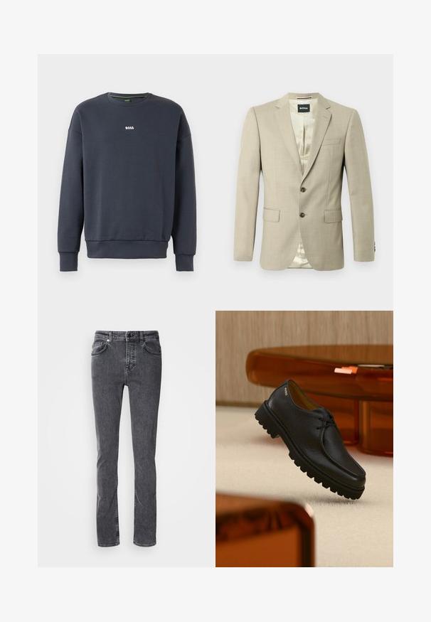 Beež bleiser sile, millel on siledad tekstuurid, hammastatud krae, kaks esist taskut, üks rinnatasku ja pruunid nupud; sisepind on kerge mustriga.; Tumedat sinine sweatshirt pehmest kangast, ümmarguse kaelusega, pikkade varrukatega ja väikese valge "BOSS" logoga rinnal.; Tumedat halli teksariidest püksid, sirge lõikega, viie taskuga, kontrastõmblustega, tõmblukuga ja nööpkinnitusega. Ilma nähtavate mustrite või kaunistusteta.; Must tekstureeritud nahast paelaga king paksu soonilise tallaga, kannal brändinimega "HUGO", eksponeeritud beežil vaibal ja merevaigu toonis mööbli taustal.