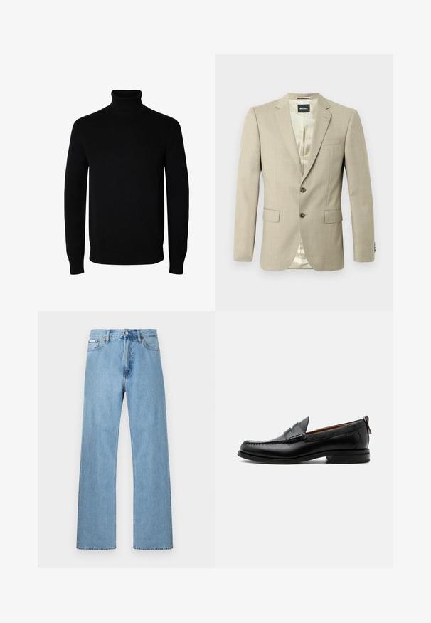 Beige blazer med en glat tekstur, stiklommer, to forlommer, en enkelt brystlomme og brune knapper; indersiden har et lyst mønster.; Sort langærmet rullekrave sweater med rib manchetter og kant, vist på en ensartet hvid baggrund.; Lyseblå straight-leg jeans i denim med fem-lomme-design og knaplukning i taljen, vist mod en ensfarvet baggrund.; Sort læder herre loafer med moc-tå syning, penny strop, struktureret krave og lav stablet hæl på hvid baggrund.