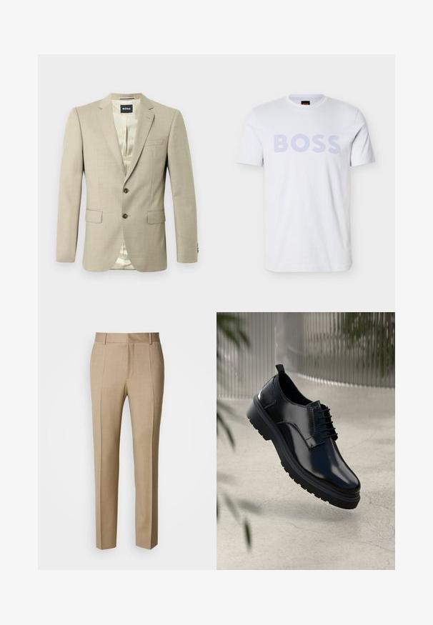 Beige blazer med en glat tekstur, stiklommer, to forlommer, en enkelt brystlomme og brune knapper; indersiden har et lyst mønster.; Hvid bomuldst-shirt med et stort, lyseblåt "BOSS" print over fronten. Klassisk rund halsudskæring og korte ærmer. Rene linjer i designet.; Beige skræddersyede bukser i tekstureret stof med flad front og lige ben. Har sidelommer og bæltestropper, der giver et poleret udtryk.; Sorte lædersko med en blank overflade, rund tå, snøredesign, kontrastsyninger og en tyk gummisål med mønster.
