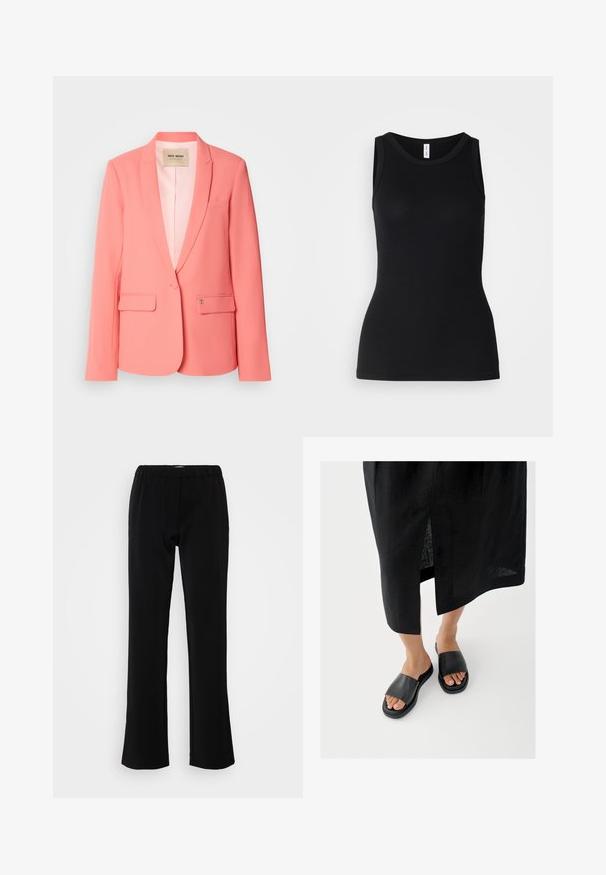 Blazer rose corail avec revers cranté, deux poches avant, fermeture à un bouton et une texture lisse. Intérieur doublé avec étiquette de marque visible.; Débardeur noir sans manches en tissu côtelé, avec un col rond et une coupe ajustée, à la texture douce et sans motifs.; Pantalons noirs avec un design évasé, fabriqués en tissu lisse. Présentent une taille élastique pour le confort et une silhouette épurée et simple.; Sandales à enfiler noires avec une large bride, une semelle plate et un design minimaliste. Le matériau semble lisse avec une finition mate.