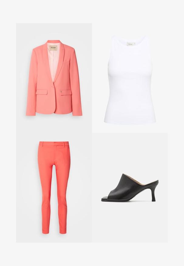 Blazer de color coral con solapa muesca, dos bolsillos frontales, cierre de un botón y una textura suave. Interior forrado con etiqueta de la marca visible.; Top sin mangas de canalé blanco con escote redondo. Tejido elástico y diseño ajustado. La etiqueta en la parte posterior dice "GESTUZ."; Pantalones slim-fit color coral, confeccionados en tejido suave, con cierre de cremallera, passantes para cinturón y un diseño elegante sin bolsillos.; Selected ASHLEY - Mules de tacón - black
