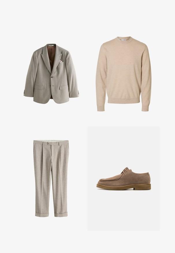Lysegrå herreblazer med hakkede revers, to forlommer med klap, en brystlomme med et blomsterlommetørklæde og lukning med to knapper.; Beige langærmet rundhalset sweater lavet af blødt strikstof, med ribstrikkede manchetter og kant, designet til mænd.; Lysebeige skræddersyede bukser med knaplukning, bæltestropper, sidelommer og omslag ved buksebenene.; Zign LEATHER - Sporty snøresko - taupe