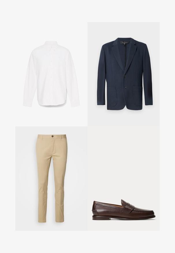 Marineblazer mit strukturierter Silhouette, Doppelknopfschluss, zwei Vordertaschen und strukturiertem Finish. Geeignet für formelle Anlässe.; Weißes Hemd mit langen Ärmeln, Knopfverschluss und spitzem Kragen, mit einer einzelnen Tasche und einem dezent strukturierten Stoff. Mit Button-Manschetten und geradem Saum.; Beige Chinos mit schmaler Passform, aus Baumwolle gefertigt. Mit Knopfverschluss, Gürtelschlaufen und subtilen Nähten an den Taschen.; Dunkelbrauner Leder-Pennyloafer mit Nahtdetails und niedrigem gestapeltem Absatz, seitlich auf einfachem Hintergrund gezeigt.