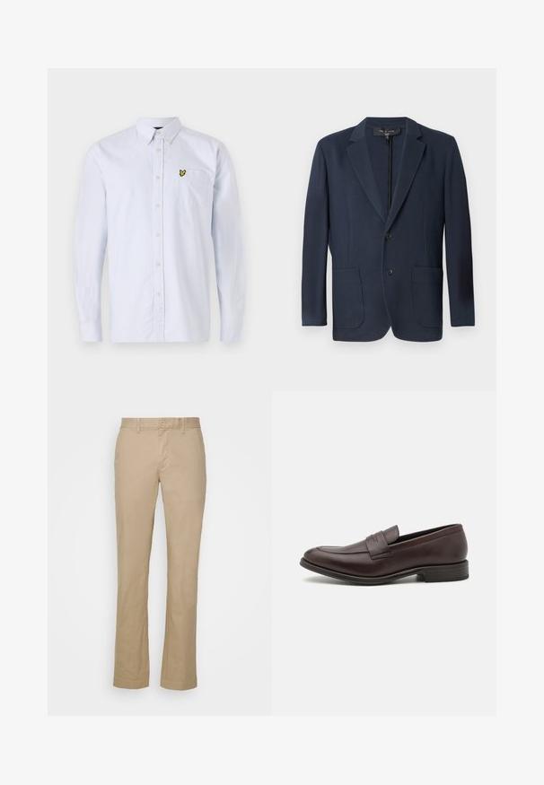 Marineblazer mit strukturierter Silhouette, Doppelknopfschluss, zwei Vordertaschen und strukturiertem Finish. Geeignet für formelle Anlässe.; Hellblau gestreifte Button-Down-Hemd mit einem kleinen gelben Logo auf der Brusttasche. Mit klassischem Kragen und langen Ärmeln. Aus Baumwollmaterial.; Beige gerade geschnittene Hosen aus Baumwollstoff mit flachem Bund und Gürtelschlaufen. Mit einem einzelnen Knopfverschluss und umgeschlagenen Säumen.; Braune Lederloafers mit glatter Oberfläche, gestickten Details an der Spitze und einem niedrigen, gestapelten Absatz. Minimalistisches Design ohne sichtbare Markenkennung.