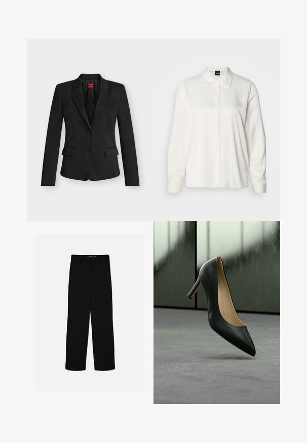Blazer negro entallado con dos botones, solapas con muesca, bolsillos con solapa y una etiqueta roja de HUGO en el interior del cuello.; Camisa blanca de manga larga confeccionada en tela lisa, con cuello clásico, cierre frontal de botones y puños abotonados, con un corte relajado.; Pantalones negros de corte recto con trabillas, cremallera frontal y bolsillos laterales, colocados planos sobre un fondo claro.; Zapato de tacón alto de cuero negro con punta afilada que levita sobre un suelo alfombrado gris frente a paneles de vidrio esmerilado.