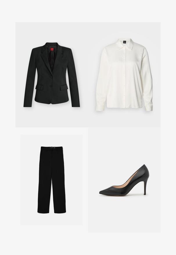 Schwarzer taillierter Blazer mit zwei Knöpfen, Kerbkragen, Pattentaschen und einem roten HUGO-Label innen am Kragen.; Weißes langärmliges Hemd aus glattem Stoff, mit klassischem Kragen, durchgehender Knopfleiste und geknöpften Manschetten, in entspannter Passform.; Schwarze gerade geschnittene Hose mit Gürtelschlaufen, Frontreißverschluss und Seitentaschen, flach auf hellem Hintergrund ausgelegt.; Schwarzer Leder-Pump mit hohen Absätzen und spitzem Zehenbereich. Glatte Textur, schlanker Stilettostiletto und eine von der Seitenansicht sichtbare beigefarbene Innensohle.