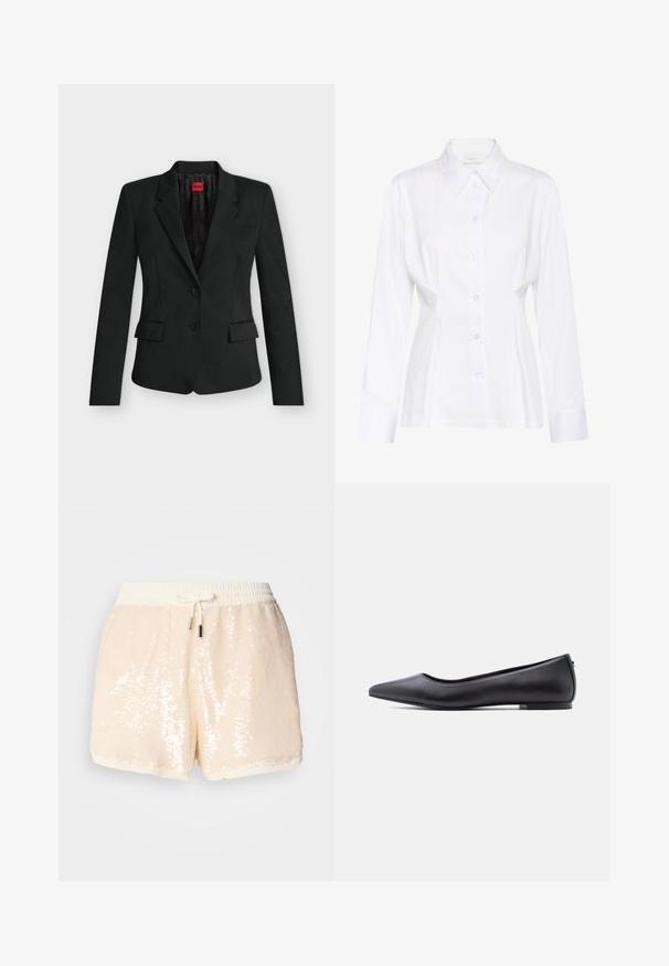 Blazer noir ajusté avec deux boutons, revers crantés, poches à rabat, et une étiquette rouge HUGO à l’intérieur du col.; Blouse blanche à manches longues avec col pointu, taille cintrée et étiquette de marque visible "Gestuz" à l'intérieur du col.; Shorts en sequins beige clair avec une taille élastique et un cordon de serrage. Dotés d'une doublure douce et d'une texture lisse. Les détails incluent des sequins brillants.; Chaussure plate en cuir noire à bout pointu avec petit talon, vue de profil sur fond blanc.