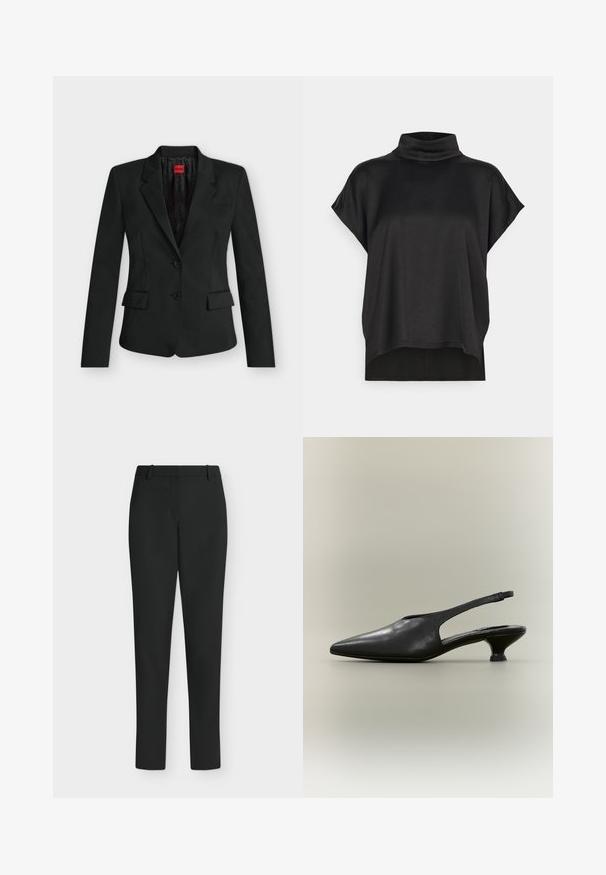 Blazer negro entallado con dos botones, solapas con muesca, bolsillos con solapa y una etiqueta roja de HUGO en el interior del cuello.; Top negro de manga corta con cuello perkins. Tela suave y lisa con caída suelta y dobladillo recto. Diseño minimalista, sin adornos.; Pantalones negros de corte ajustado con trabillas para cinturón, cremallera frontal y piernas rectas, mostrados sobre un fondo blanco.; Zapato slingback de cuero negro con punta afilada y tacón bajo tipo kitten sobre fondo neutro.