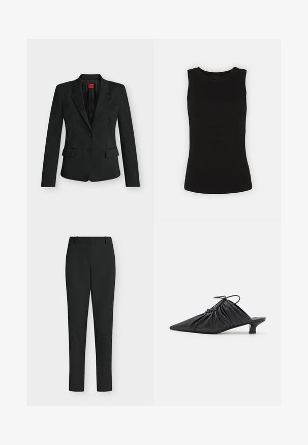 Schwarzer taillierter Blazer mit zwei Knöpfen, Kerbkragen, Pattentaschen und einem roten HUGO-Label innen am Kragen.; Schwarzes ärmelloses Tanktop aus geripptem Baumwollstoff, mit runder Halslinie und körperbetontem Schnitt.; Schwarze Slim-Fit-Hose mit Gürtelschlaufen, Frontreißverschluss und geraden Beinen, vor weißem Hintergrund präsentiert.; Schwarze Leder-Mules zum Hineinschlüpfen mit spitzer Zehe, geraffter Textur und kleinem Kitten-Heel. Verfügt über ein Zugbanddetail am Öffnung.