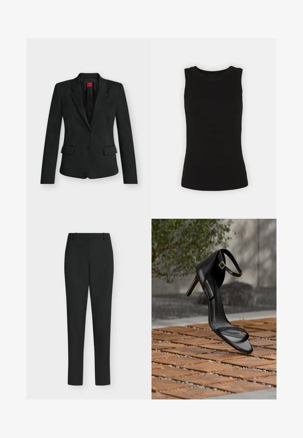 Sort tætsiddende blazer med to knapper, hak-krave, klaplommer og en rød HUGO-label indeni kraven.; Sort ærmeløs tanktop i ribbet bomuld med rund halsudskæring og tætsiddende silhuet.; Sorte, tætsiddende bukser med bæltestropper, forlynlås og lige ben, vist mod en hvid baggrund.; Sort højhælet sandal med ankelsnor, der ser ud til at svæve over et trægulv udendørs med sløret grønt og sten i baggrunden.
