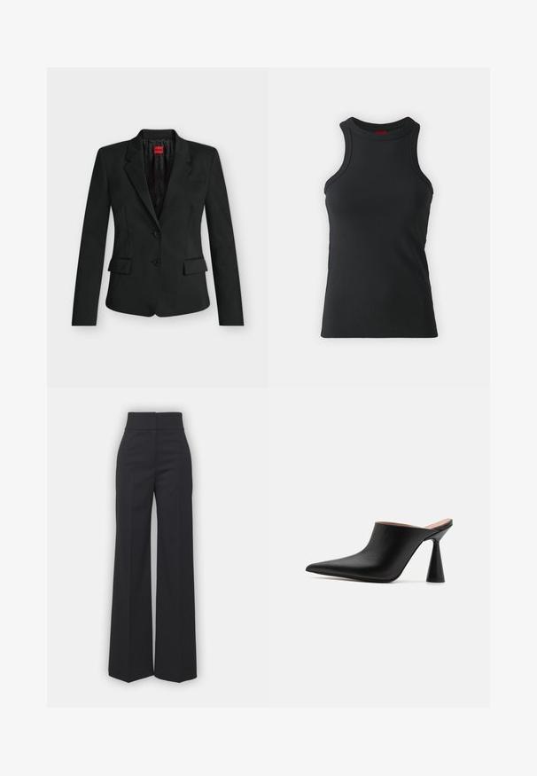 Blazer noir ajusté avec deux boutons, revers crantés, poches à rabat, et une étiquette rouge HUGO à l’intérieur du col.; Débardeur sans manches noir en tissu extensible. Présente un col rond et une silhouette ajustée avec des détails de couture minimaux.; Pantalons à jambes larges en tissu noir avec une taille haute, présentant une finition soignée et une texture lisse. Pas de matériel ou de motifs visibles.; Mules en cuir noir avec un bout pointu et un talon conique unique. Texture lisse et design minimaliste, à dos ouvert pour un enfilage facile.