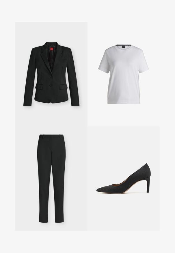 Blazer negro entallado con dos botones, solapas con muesca, bolsillos con solapa y una etiqueta roja de HUGO en el interior del cuello.; Camiseta de algodón blanca con cuello redondo, mangas cortas y un corte relajado. Presenta una pequeña etiqueta de la marca cerca del cuello.; Pantalones negros de corte ajustado con trabillas para cinturón, cremallera frontal y piernas rectas, mostrados sobre un fondo blanco.; Zapato de tacón alto negro con puntera afilada, superficie texturizada, tacón delgado de 3 pulgadas y un forro interior suave, diseñado con una silueta clásica.