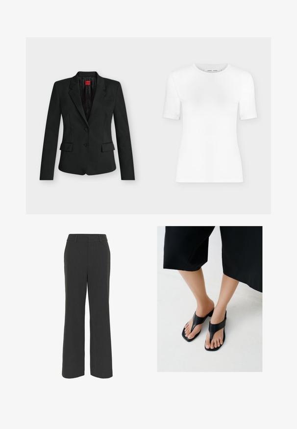 Blazer negro entallado con dos botones, solapas con muesca, bolsillos con solapa y una etiqueta roja de HUGO en el interior del cuello.; Camiseta blanca de manga corta con cuello redondo, ajuste slim y textura de tejido acanalado, mostrada sobre un fondo liso gris claro.; Pantalones de pierna ancha en gris oscuro con una tela texturizada, que cuentan con un frente plano, presillas para cinturón y un dobladillo limpio, adecuados para vestir formal o casual.; Pies con sandalias de tacón negras de punta cuadrada y tiras anchas, combinadas con pantalones negros cortos sobre un suelo claro.