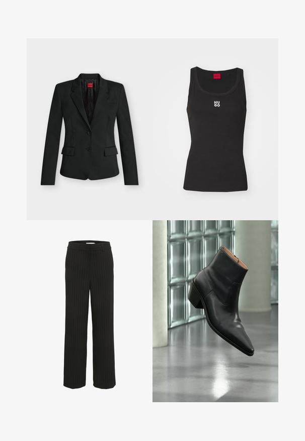 Schwarzer taillierter Blazer mit zwei Knöpfen, Kerbkragen, Pattentaschen und einem roten HUGO-Label innen am Kragen.; Schwarzes Tanktop aus Baumwolle mit rundem Ausschnitt und ohne Ärmel. Mit weißem "HUGO"-Logo in der Mitte. Einfaches und tailliertes Design.; Schwarze gestreifte weite Hosen mit flachem Bund und Gürtelschlaufen, aus gewebtem Stoff hergestellt, mit vertikalen Streifen in einer kontrastreichen Farbe.; Schwarzer Leder-Stiefelette mit spitzer Schuhspitze und Blockabsatz, der über einem reflektierenden grauen Boden nahe einer Glassteinwand schwebt.