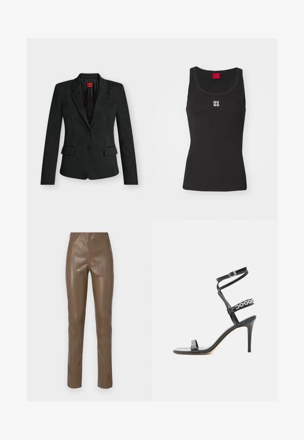 Blazer noir ajusté avec deux boutons, revers crantés, poches à rabat, et une étiquette rouge HUGO à l’intérieur du col.; Débardeur noir en coton avec un col rond et sans manches. Présente le logo blanc "HUGO" au centre. Design simple et ajusté.; Pantalons en cuir synthétique brun avec une texture lisse et brillante. Présentent une taille haute et des jambes droites, avec des détails de couture minimalistes.; Sandale noire à talon haut avec fine bride à la cheville, bride médiane décorée de maillons de chaîne argentés, et design à bout ouvert.