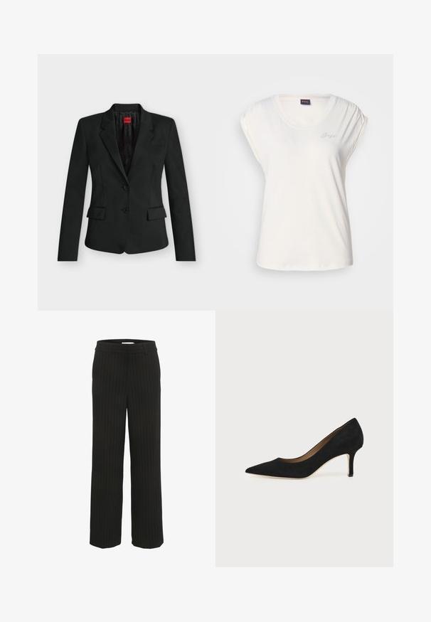 Schwarzer taillierter Blazer mit zwei Knöpfen, Kerbkragen, Pattentaschen und einem roten HUGO-Label innen am Kragen.; Weißes T-Shirt mit kurzen Ärmeln und Rundhalsausschnitt, mit gerafftem Schulterdetail. Subtiler Logo aus Strasssteinen auf der linken Seite. Weicher Stoff.; Schwarze gestreifte weite Hosen mit flachem Bund und Gürtelschlaufen, aus gewebtem Stoff hergestellt, mit vertikalen Streifen in einer kontrastreichen Farbe.; Schwarzer Wildleder-Pumps mit spitzer Schuhspitze, schlankem mittelhohem Stiletto-Absatz und tiefem Ausschnitt auf einfachem Hintergrund.