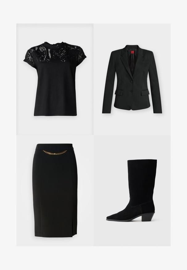 Sort tætsiddende blazer med to knapper, hak-krave, klaplommer og en rød HUGO-label indeni kraven.; AllSaints ANNA SNAKE TEE - T-shirts print - black; Sort blyantskirt med et lille slids, der har en guld kædedetalje ved livet. Lavet af et glat, strækbart stof for komfort.; Sort ruskind ankelstøvle med spidse tæer, mellemhøj skaft og en chunky hæl. Fuldender et minimalistisk design med lidt syninger og en glat tekstur.