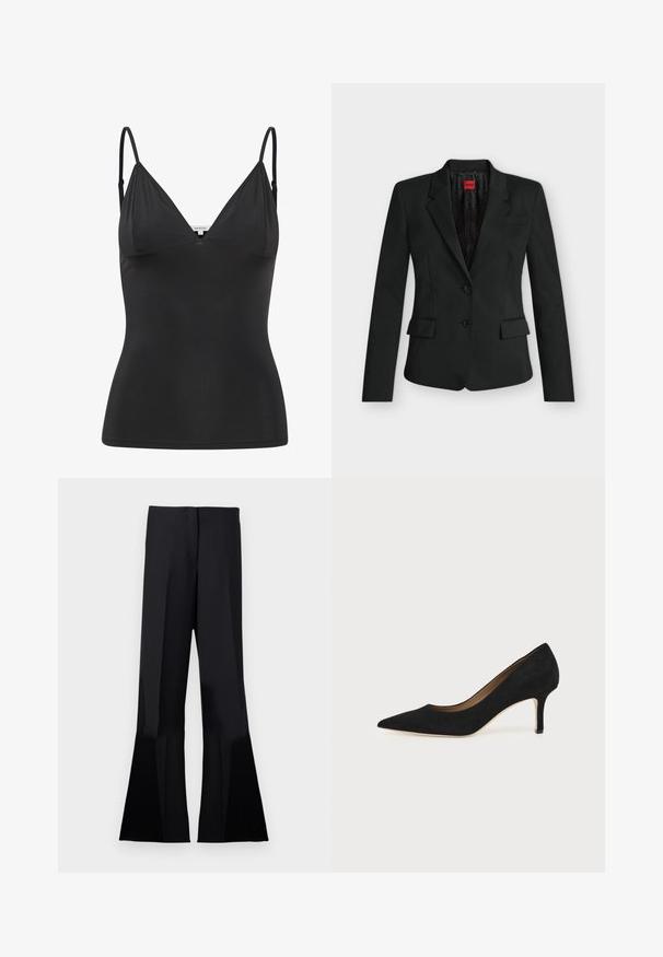 Sort tætsiddende blazer med to knapper, hak-krave, klaplommer og en rød HUGO-label indeni kraven.; Sort, tætsiddende camisole med justerbare tynde stropper, V-halsudskæring, sømløst design og glat tekstur. Lavet af et blødt, strækbart materiale.; Sorte flared bukser med en glat tekstur, der har et højt talje og skarpe læg, som strækker sig til de flagrende benåbninger.; Sort ruskind spids tå højhælet pumpe med en slank mellemhøj stilethæl og et lavt snit på en ensfarvet baggrund.