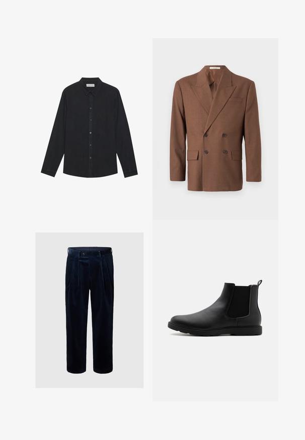 Blazer marron à double boutonnage en tissu texturé, avec un col cranté, deux poches avant et des boutons foncés.; Chemise noire à manches longues en tissu doux, avec un devant à boutons, un col et un ourlet droit avec une texture subtile.; Pantalons en velours côtelé marine avec plis, fermeture à bouton et design fuselé. Possède une texture verticale et des poches latérales.; Bottine Chelsea en cuir noir avec des panneaux latéraux en élasthanne, une languette et une semelle en caoutchouc durable. Texture lisse et design épuré.
