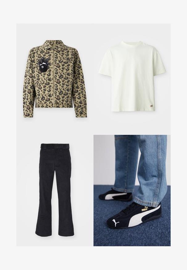 Chaqueta de estampado de leopardo en tonos marrón claro y negro. Cuenta con cierre de cremallera, dos bolsillos delanteros y un parche en forma de llama con un detalle de ojo en el pecho.; Camiseta de algodón blanca con cuello redondo, mangas cortas y un corte relajado. Presenta una pequeña etiqueta con el logo en el lado inferior. Textura suave.; Pantalones de pana negros con un corte relajado, que presentan una cinturilla clásica y piernas acampanadas, textura suave y sin patrones o acentos visibles.; Zapatillas de ante negras con acentos blancos, que presentan un logo dorado. Combinadas con unos jeans de mezclilla azul claro y colocadas sobre una superficie texturizada azul.