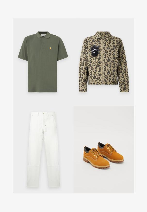 Veste imprimée léopard en ton sable et noir. Comprend une fermeture éclair, deux poches avant, et un patch en forme de flamme avec un détail en forme d'œil sur la poitrine.; Polo vert olive en coton, avec un col à revers, deux boutons et un petit logo jaune sur le côté gauche de la poitrine. Manches courtes.; Pantalon blanc droit avec bouton et fermeture éclair, passants pour ceinture, poches avant et renforts aux genoux.; Chaussures en daim marron avec un bout rond, des lacets jaunes, un col rembourré noir et des semelles en caoutchouc avec des rainures de traction.