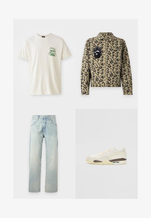 Leopardprintjakke i beige og sort. Har lynlåslukning, to forlommer og et flammeformet mærke med øjedetalje på brystet.; Kortærmet cremet t-shirt lavet af bomuld. Har et grønt "Brooklyn Fruits"-grafik med en kurv fyldt med grøntsager og et lille lastbildesign.; Lyseblå straight-leg denim jeans med knap- og lynlås-lukning, for- og baglommer samt falmede vaskedetaljer.; Sko med en cremefarvet overdel der kombinerer mesh og glatte teksturer, en brun accent, en lys gul sål og synlig luftdæmpning i hælen.