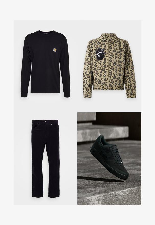 Leopardenmuster-Jacke in Hellbraun und Schwarz. Verfügt über einen Reißverschluss, zwei Vordertaschen und einen flammenförmigen Aufnäher mit einem Augendetail auf der Brust.; Schwarzes Langarmshirt aus Baumwolle. Verfügt über eine Brusttasche mit einem quadratischen grauen Etikett und orangefarbigem Logo. Einfaches, einfarbiges Design.; Carhartt WIP NEWEL PANT - Stoffhose - dark navy; Schwarzer Nike Air Force 1 Sneaker mit Mesh- und Lederdetails, der bei schwacher Beleuchtung über strukturierte Betontreppen schwebt.