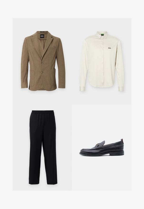 Brun kordfløjl blazer med notched lapel, to frontlommer og to knapper. Har en subtil tekstur og skræddersyet pasform.; Hvid, langærmet, knappet skjorte med krave, sort "BOSS" logo på venstre bryst og knapper ved manchetter, vist på en ensfarvet baggrund.; Sorte bukser med elastisk talje, lige ben-design og et glat, let stof. Ingen synlige lommer eller mønstre.; Sort lædermokasin med grå tekstureret forfod, sølvfarvet metalspænde, lav hæl og trækflap bagpå.