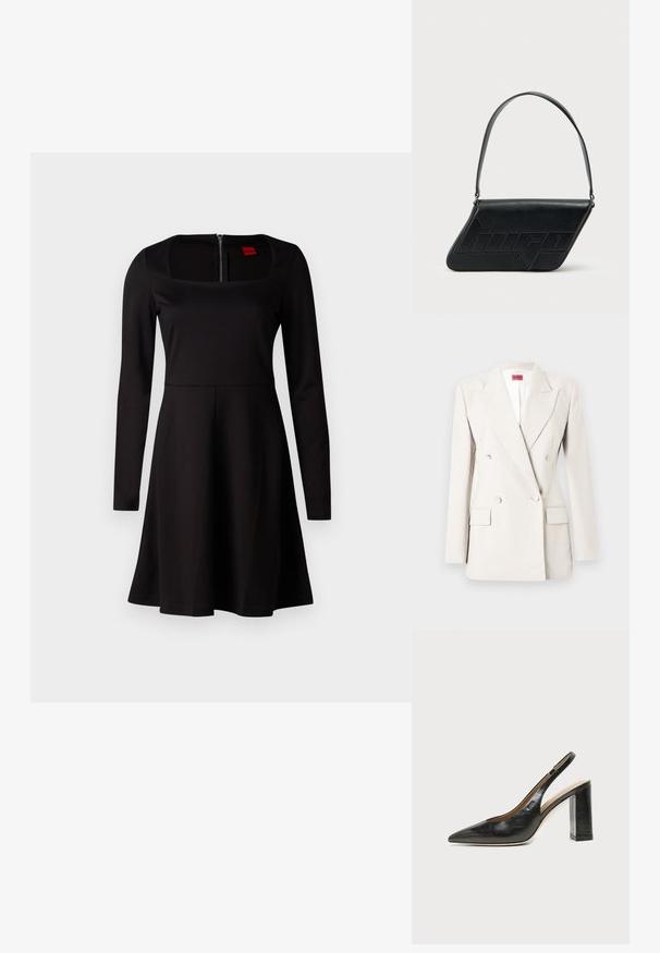 Blazer de doble botonadura color crema con solapas de muesca, cuatro botones, dos bolsillos con solapa y una etiqueta roja de Hugo dentro del cuello.; Vestido negro de manga larga con escote cuadrado, corsé ajustado, falda acampanada y cierre de cremallera en la espalda. Textura de tela suave sin patrones.; Zapato slingback de piel negra con puntera puntiaguda, tacón alto y ancho, y forro interior beige sobre un fondo claro y liso.; Bolso de hombro de cuero negro con forma triangular, logo en relieve y una sola correa ajustable. Diseño minimalista con textura suave.