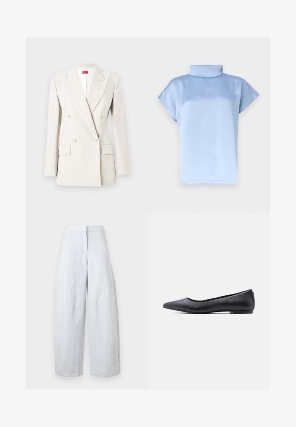 Blazer croisé couleur crème avec revers crantés, quatre boutons, deux poches à rabat, et une étiquette rouge Hugo à l'intérieur du col.; Blouse en satin bleu clair à manches courtes, col cheminée haut et coupe ample.; Pantalon en lin blanc taille haute à jambes larges avec fermeture avant à boutons et fermeture éclair, présenté sur un fond uni.; Chaussure plate en cuir noire à bout pointu avec petit talon, vue de profil sur fond blanc.