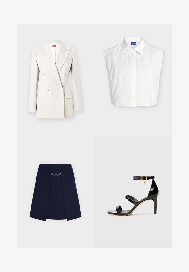 Blazer croisé couleur crème avec revers crantés, quatre boutons, deux poches à rabat, et une étiquette rouge Hugo à l'intérieur du col.; Chemise blanche sans manches à col boutonné devant, avec étiquette de la marque Hugo à l’intérieur du col et logo brodé subtil près de l’ourlet.; Jupe bleu marine avec panneaux avant superposés reliés par un détail de chaîne argentée horizontale à la taille.; Sandale en cuir verni noir avec trois brides, boucle de cheville et talon aiguille de 10 cm. Présente un détail en métal doré et un charm logo.