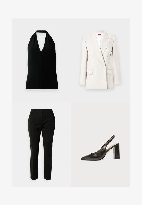 Blazer de doble botonadura color crema con solapas de muesca, cuatro botones, dos bolsillos con solapa y una etiqueta roja de Hugo dentro del cuello.; Top sin mangas negro tipo halter con un escote en V profundo y tirante trasero, exhibido sobre un fondo blanco.; Pantalones negros a medida con un corte ajustado, pierna recta, frente liso, trabillas para cinturón y sin patrones ni acentos visibles. Fabricados con una tela suave.; Zapato slingback de piel negra con puntera puntiaguda, tacón alto y ancho, y forro interior beige sobre un fondo claro y liso.
