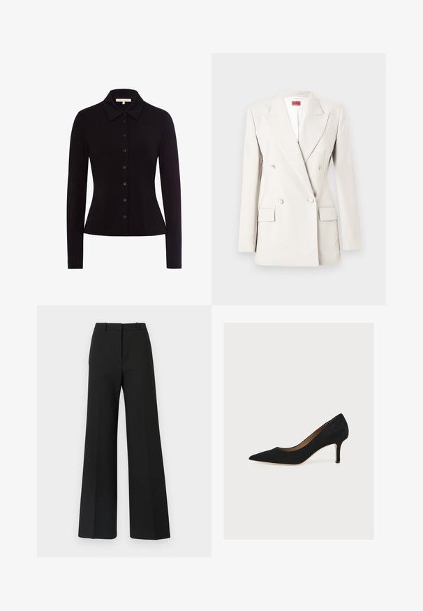 Doppelreihiger Blazer in Cremefarbe mit Reverskragen, vier Knöpfen, zwei Klappentaschen und einem roten Hugo-Etikett innen am Kragen.; Schwarzes Langarmhemd mit Kragen, featuring eine durchgehende Knopfleiste und eine taillierte Passform, aus glattem Stoff gefertigt.; Schwarze weite Hosen mit maßgeschneidertem Design, das eine glatte Textur und subtile Falten an der Vorderseite aufweist. Keine sichtbaren Beschläge oder Muster.; Schwarzer Wildleder-Pumps mit spitzer Zehenpartie, mittelhohem Stilettoabsatz und hellbrauner Innensohle auf hellem Hintergrund.
