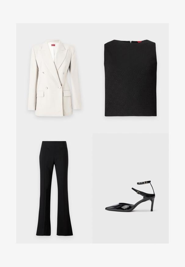 Blazer croisé couleur crème avec revers crantés, quatre boutons, deux poches à rabat, et une étiquette rouge Hugo à l'intérieur du col.; Haut sans manches noir avec un motif texturé, encolure carrée et fermeture éclair au dos. Présente des accents de logo subtilement intégrés dans le tissu.; Pantalons évasés noirs en tissu lisse avec une taille haute, dotés de deux poches arrière et d'un pli sur le devant de chaque jambe.; Talons en cuir verni noir avec un bout pointu, des sangles de cheville ajustables et un talon fin. Texture lisse avec une finition brillante.