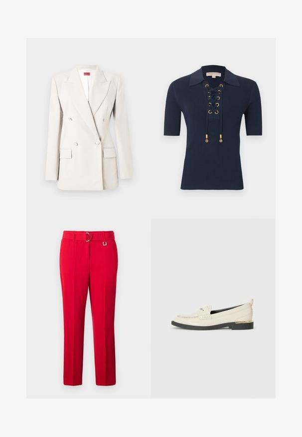 Blazer croisé couleur crème avec revers crantés, quatre boutons, deux poches à rabat, et une étiquette rouge Hugo à l'intérieur du col.; Haut à manches courtes côtelé bleu marine avec un large col et un détail à lacets sur le devant comportant des œillets dorés et des embouts dorés de marque.; Pantalon rouge taille haute, ajusté, avec plis sur le devant et une ceinture assortie munie d'une boucle dorée à double anneau.; Mocassin en cuir crème avec une sangle décorative, des détails cousus et une semelle noire basse accentuée d'un talon doré.