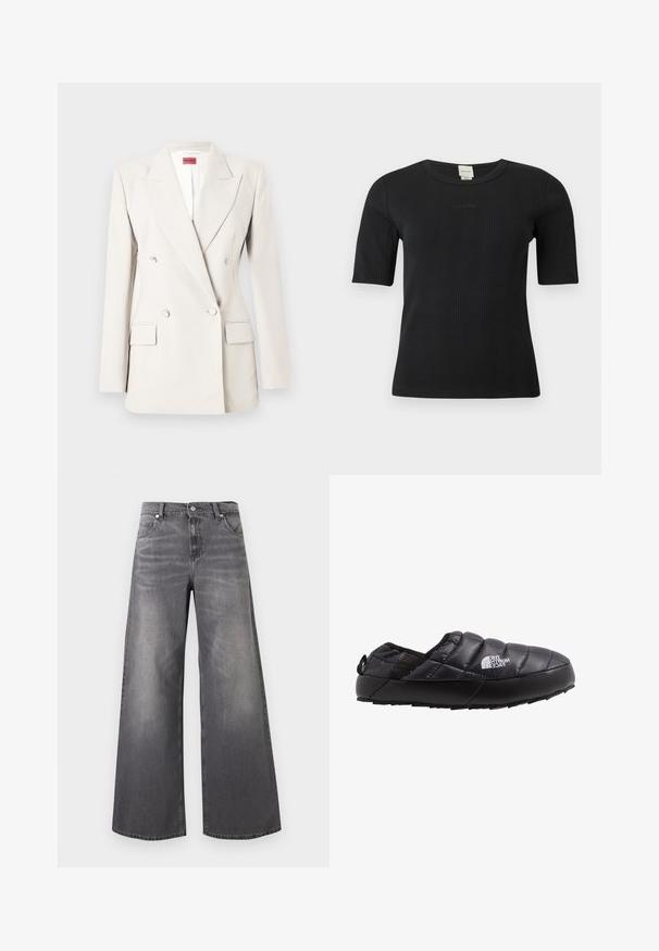 Flødefarvet dobbeltradet blazer med hakrevers, fire knapper, to klaplommer og et rødt Hugo-mærke inde i kraven.; Sort ribbet Calvin Klein top med korte ærmer, rund halsudskæring og diskret logo broderet på brystet mod en ensfarvet baggrund.; Vidbenede jeans i falmet mørkegråt denim. Har en klassisk talje, fem lommer og diskrete slidte detaljer foran.; Sort isoleret slip-on sko med quiltet overdel, gummisål og strukturel detaljering. Har en hæltrækstrop og branding på siden.