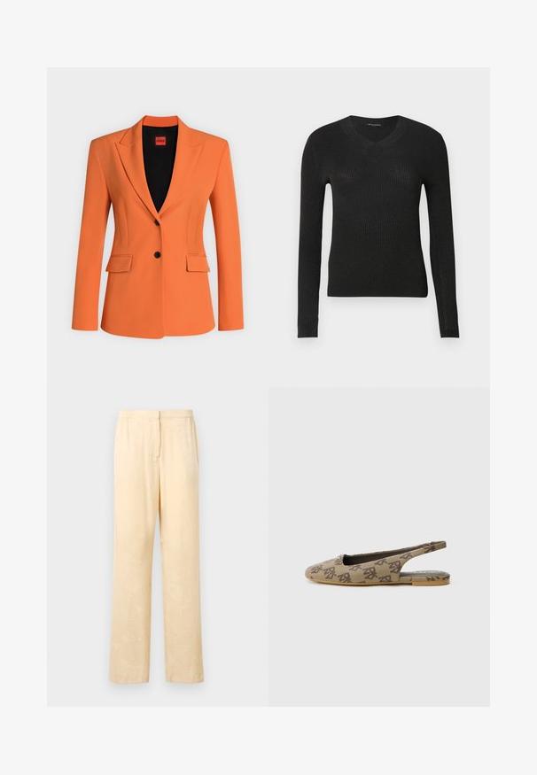 Blazer naranja hecho a medida con dos botones negros, solapas con muesca, bolsillos delanteros con solapa y un forro interior negro con una etiqueta roja "HUGO".; Suéter negro de manga larga con textura acanalada y escote en V. Presenta una silueta ajustada y tejido texturizado que ofrece un brillo sutil.; Pantalones sueltos de color amarillo claro con un sutil estampado de hojas. Cuentan con una cinturilla elástica y un diseño de pierna recta. Textura suave.; Zapato de lona beige con tira trasera, punta puntiaguda, estampado de logo marrón, talón abierto y suela plana. Parte superior texturizada con plantilla lisa.