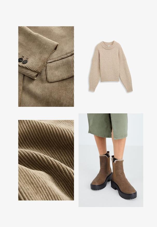 Beige kordfløjljakkeærme med to mørke knapper og detaljer med klaplomme på ribbet tekstiler.; Beige cropped sweater lavet af blødt strikket stof. Har en ribbet rund halsudskæring og brede, ballonlignende ærmer med ribbede manchetter.; Tan ribbet stof med en blød tekstur, der viser teksturerede linjer og en blød fornemmelse. Materialet har et varmt, indbydende udseende.; Brune læder ankelstøvler med gummisål, blød foring og elastiske sideindsatser. Har en lav blokhæl og en glat overflade.